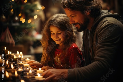 A family decorates a twinkling Christmas tree. Generative AI
