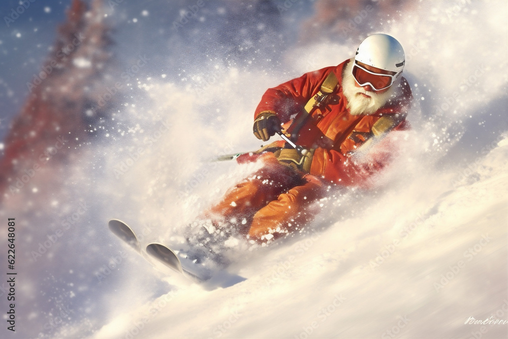 Naklejka premium christmas snow skier snowboarder winter santa ski sport holiday mountain. Generative AI.