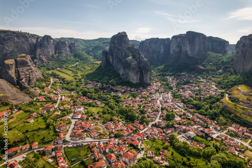 Aerial view of Kalabaka town in Meteora among the natural rock pillar formation, Thessaly, Greece. photo