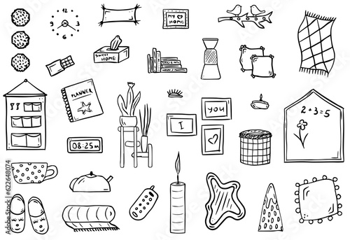 Doodle set of cozy home decor elements. Hand drawn hygge style. Clock, pillow, frames, rug, vase, mirror, candle, plants, pitcher, cups, plaid, teapot, slippers, lamp,books. Sketches for use in design