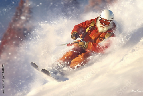 christmas snow skier snowboarder winter santa ski sport holiday mountain. Generative AI. © VICHIZH