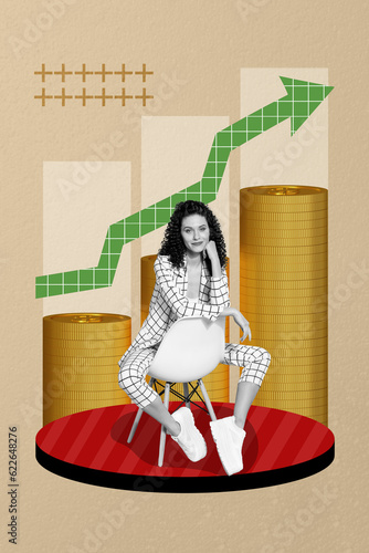 Artwork magazine collage picture of smiling happy lady successful work market trade isolated drawing background photo