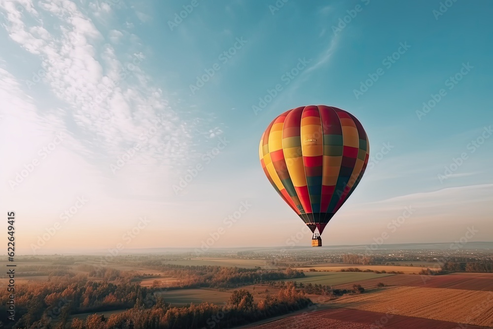 Fototapeta premium Colorful Hot Air Balloons in Blue Sky Horizon. Copy Space Background