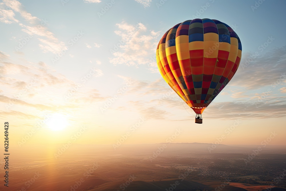 Obraz premium Colorful Hot Air Balloons in Blue Sky Horizon. Copy Space Background