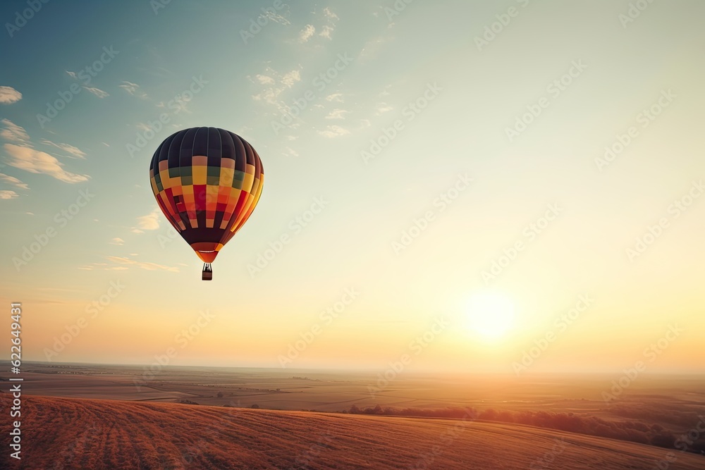 Naklejka premium Colorful Hot Air Balloons in Blue Sky Horizon. Copy Space Background