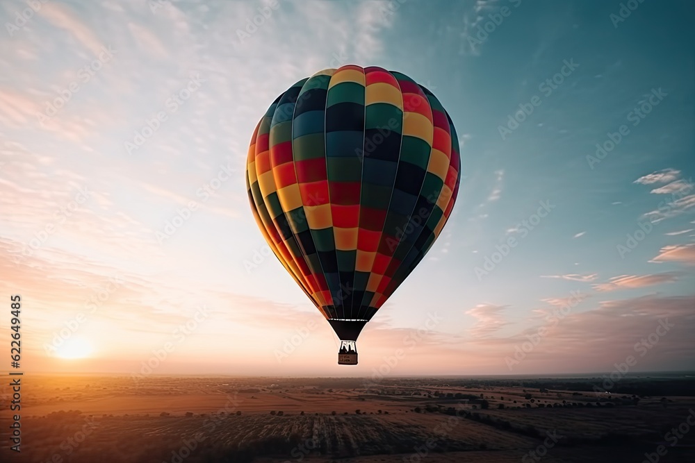 Fototapeta premium Colorful Hot Air Balloons in Blue Sky Horizon. Copy Space Background