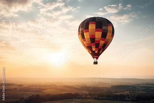 Colorful Hot Air Balloons in Blue Sky Horizon. Copy Space Background