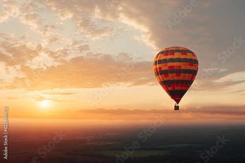 Colorful Hot Air Balloons in Blue Sky Horizon. Copy Space Background