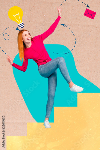 Vertical collage of young woman climbing upstairs found solution invent eureka lightbulb startup send message isolated on drawn background