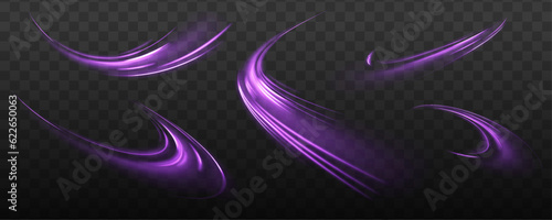 High-speed light trails effect. Semicircular wave, light trail curve swirl, optical fiber incandescent.Purple glowing wave swirl. Magic of moving fast motion laser beams. Long time exposure. Vector.