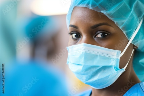 Closeup female portrait hospital nurse young African American woman girl doctor in uniform safety protection mask hat cap healthcare medical surgeon clinic health rehabilitation center rehab pandemic