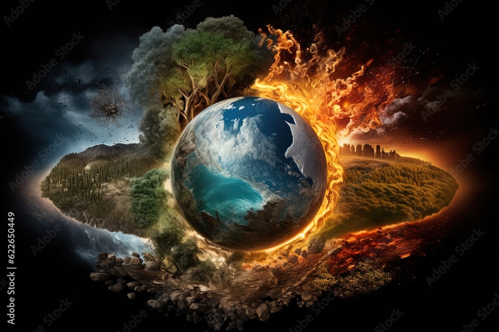 Climate Change - Earth is covered in the four major elements of wind, fire, earth, and water