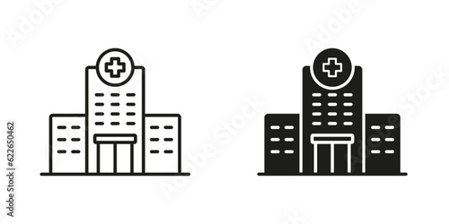 Medical Clinic Pictogram. Hospital Line and Silhouette Black Icon Set. Ambulance Center Sign, Emergency Service Office. Healthcare Building Symbol Collection. Isolated Vector Illustration