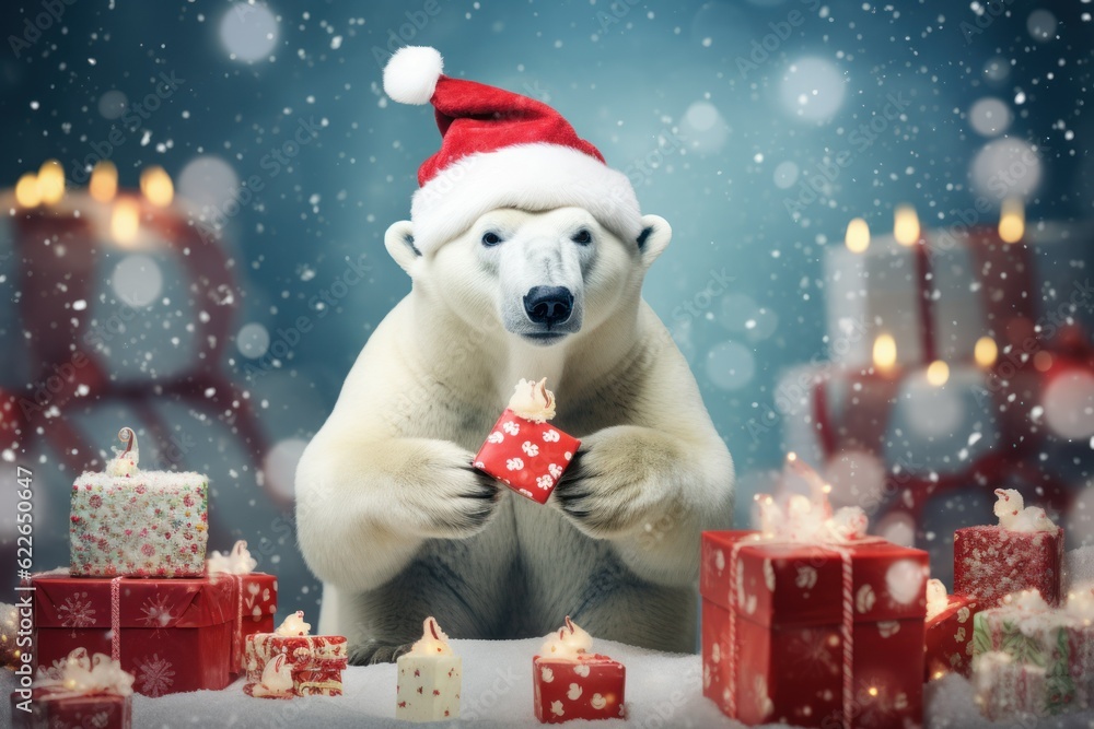 christmas card concept bear holding gifts wearing santa claus hat christmas card concept bear holding gifts wearing santa claus hat