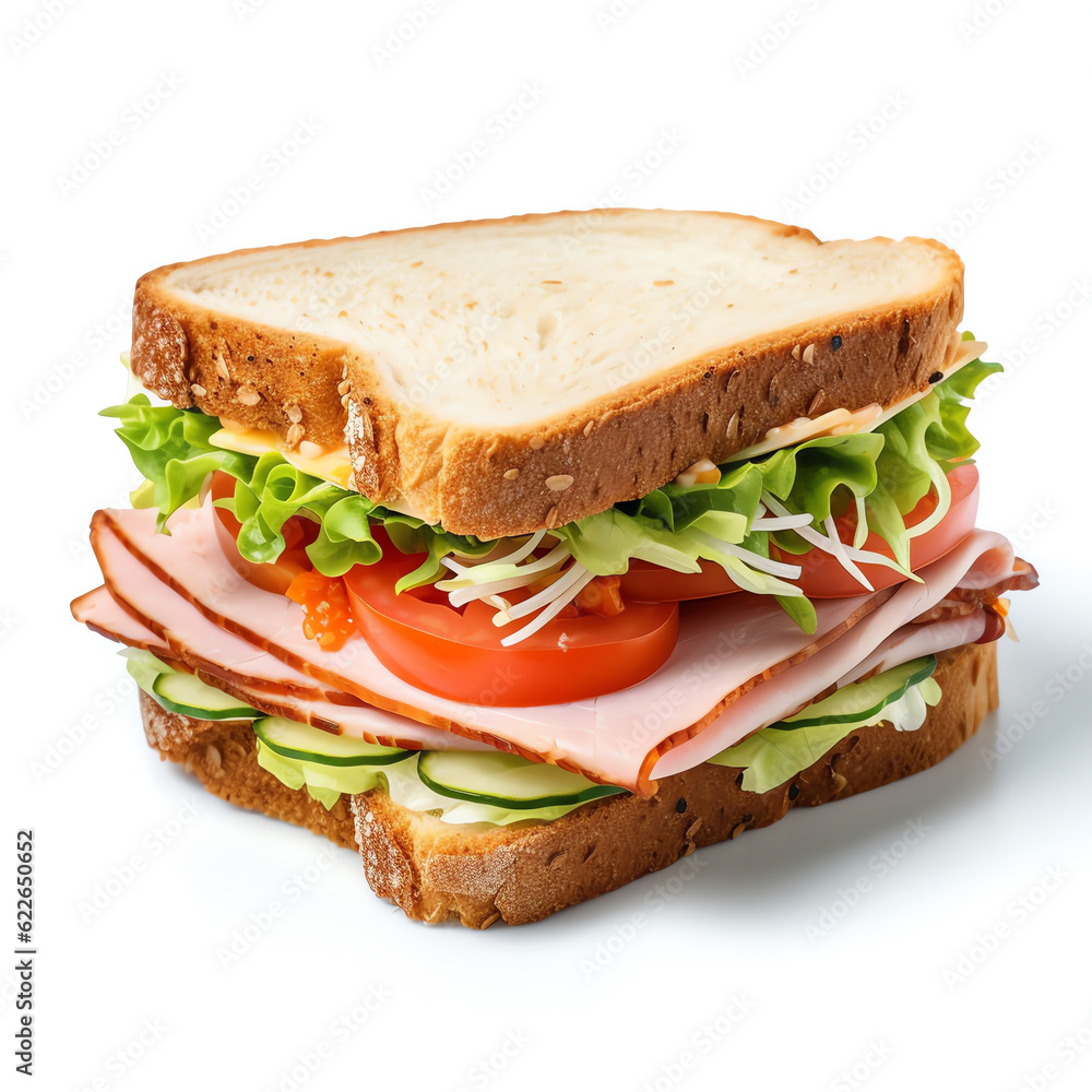 Generative AI : Savory Ham and Vegetable Sandwich on White Background - A Wholesome Feast for Your Taste Buds Generative AI : Savory Ham and Vegetable Sandwich on White Background - A Wholesome Feast for Your Taste Buds