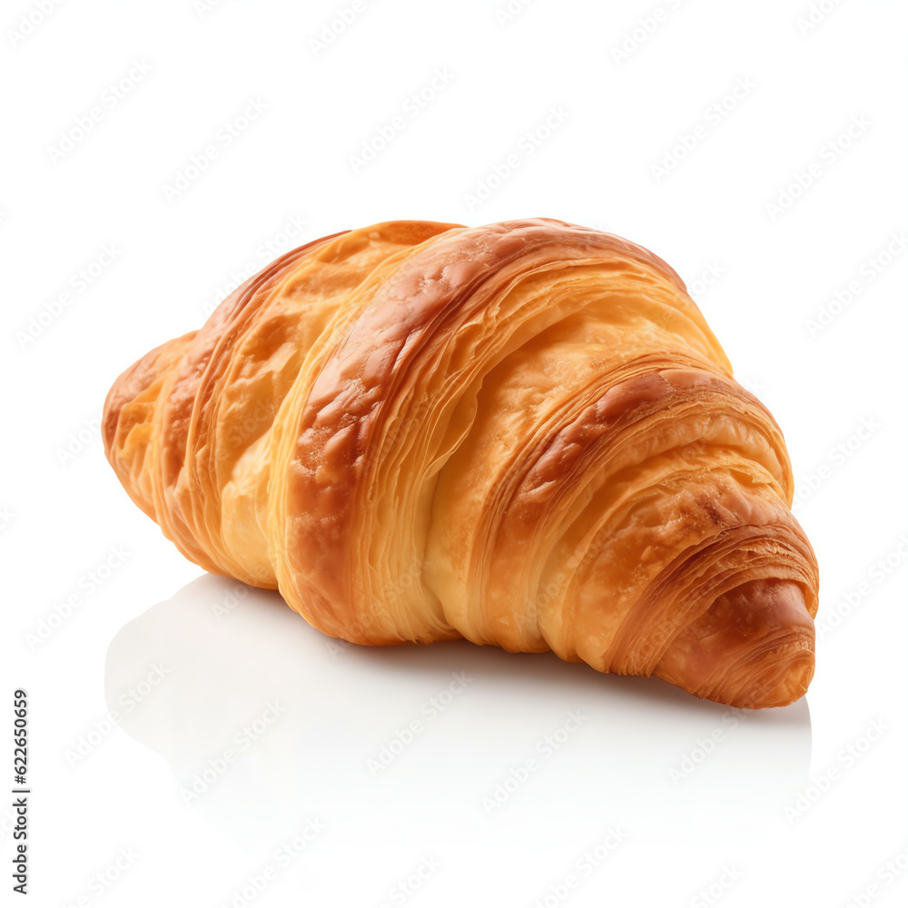 Generative AI : Golden Baked Ham and Cheese Croissants on a White Background