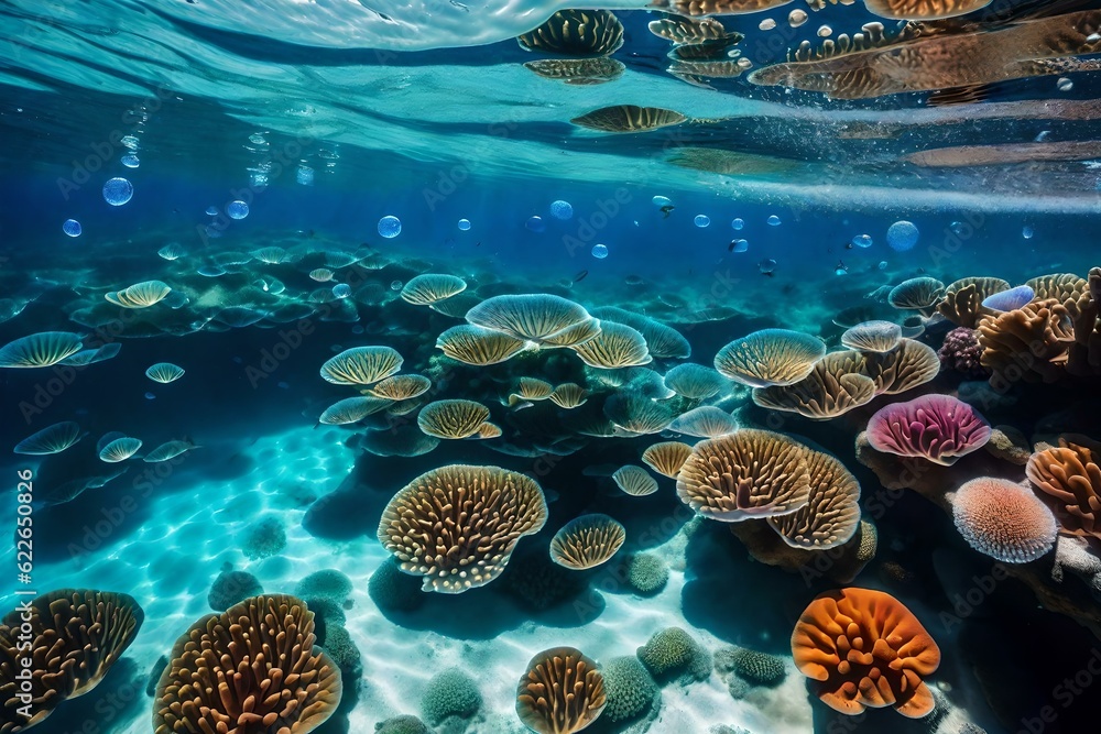 Create an AI-generated image of a vibrant coral reef teeming with life, set against the backdrop of a crystal-clear blue sea. Create an AI-generated image of a vibrant coral reef teeming with life, set against the backdrop of a crystal-clear blue sea.