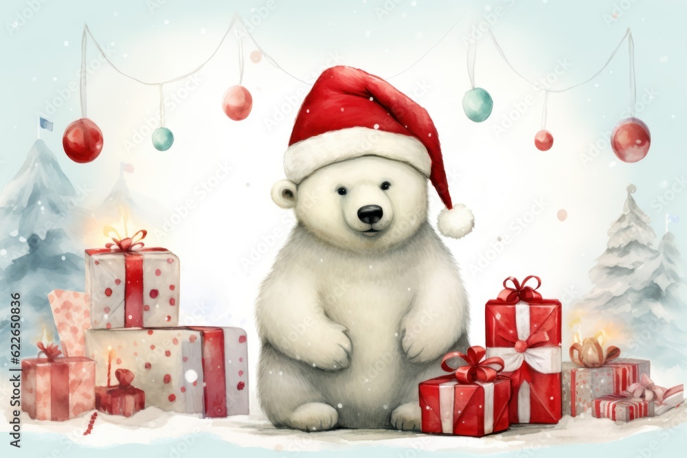 christmas card concept bear holding gifts wearing santa claus hat christmas card concept bear holding gifts wearing santa claus hat