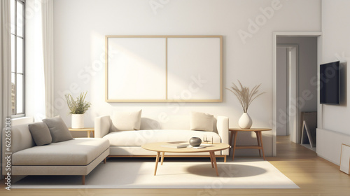 Stylish Living Room Interior with Mockup Frame Poster  Modern interior design  3D render  3D illustration