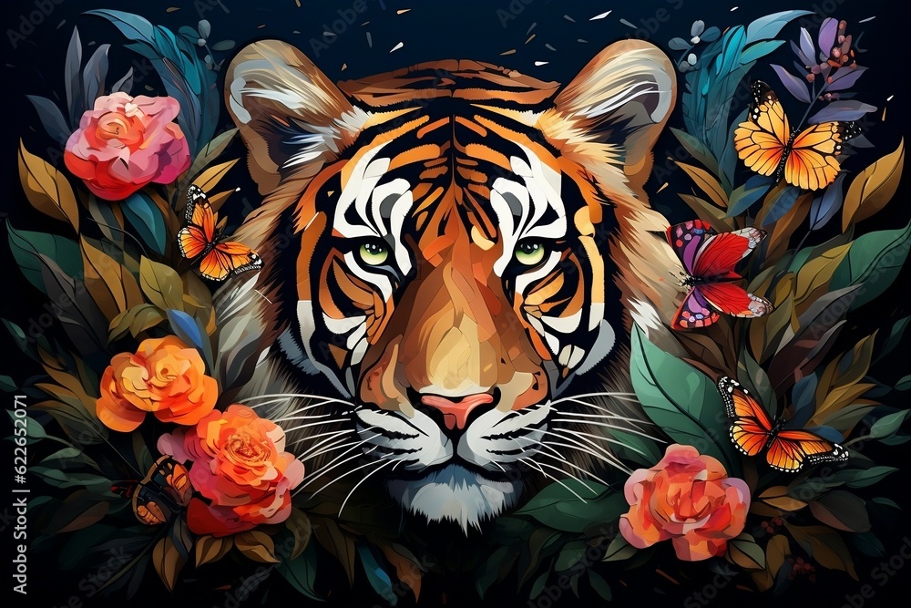 Vibrant Majesty Big Cat Tiger Portrait with Colorful Flowers and Leaves. Generative AI