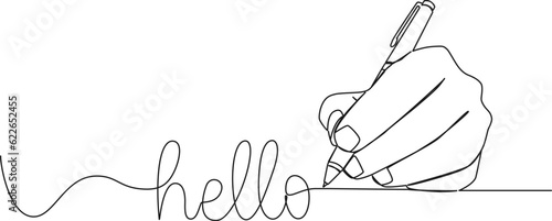 continuous single line drawing of hand writing word HELLO with ballpoint pen, line art vector illustration