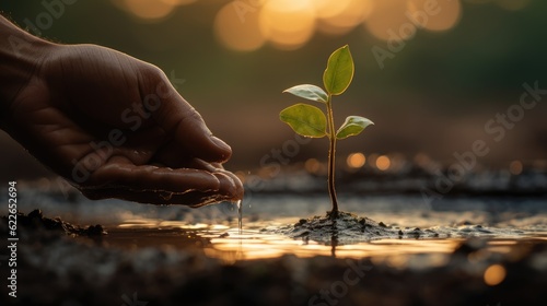 Earth day, a person planting a new sprout with his hands and watering it, save the ecology