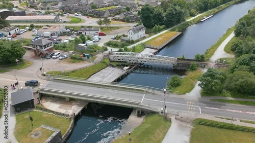 Aerial drone video of the Neptune's Stairs, a large boat lock in Fort William Scotland
