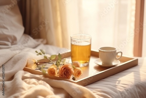 Cozy Morning Tray with Hot Tea in Bed, Lazy Morning Vibes. Generative AI