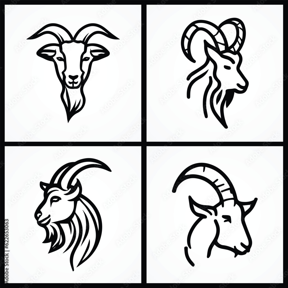 Multipurpose set of outline goat head cute, funny, cartoon character ...