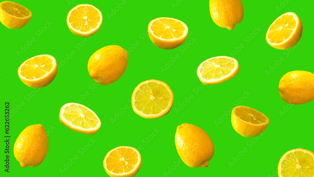 Lemon pattern on vibrant green background. Creative summer idea. Minimal fruit concept. Lemon art. Copy space.