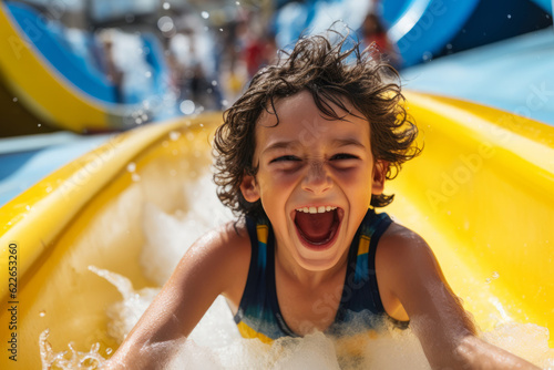 Close up pov shot of a young boy having fun playing on a waterslide in the summer
