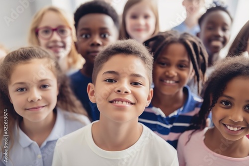 child girl school group portrait student boy education happy elementary pupil friend young kid smiling caucasian female together childhood little class classroom generative ai