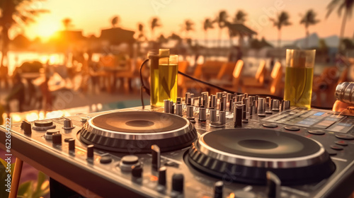 Fotografia Dj console with beers and cocktails at the beach party