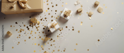 Happy Holidays composition. Celebration greeting background with gift boxes, sparkles, confetti. Flat lay. Top view. cover for social networks, shopping mockup.Generative Ai