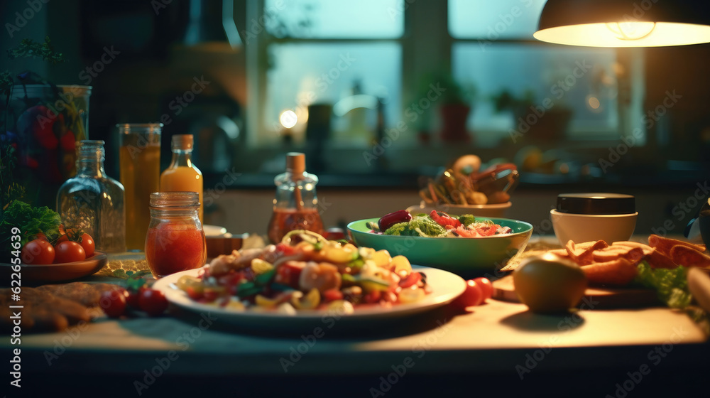 Delicious food on the table in a cozy kitchen Delicious food on the table in a cozy kitchen