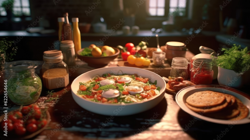 Delicious food on the table in a cozy kitchen Delicious food on the table in a cozy kitchen