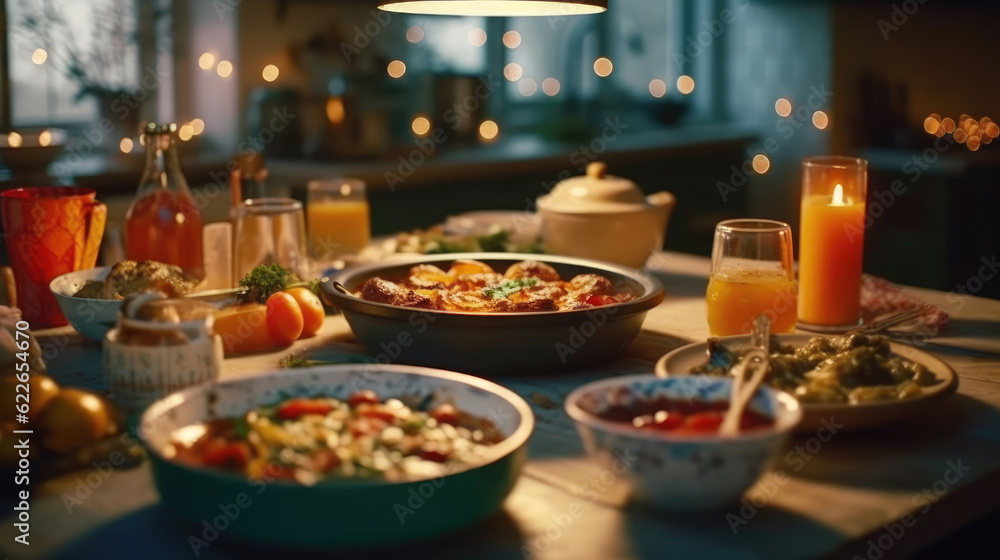 Delicious food on the table in a cozy kitchen Delicious food on the table in a cozy kitchen