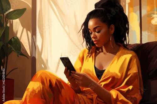 black woman using credit card on the couch, in the style of yellow and crimson