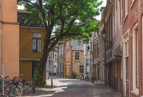 beautiful old street with brick houses in Leeuwarden, Netherlands