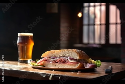 AI generated illustration of a sandwich with meat and vegetables, next to a glass of beer
