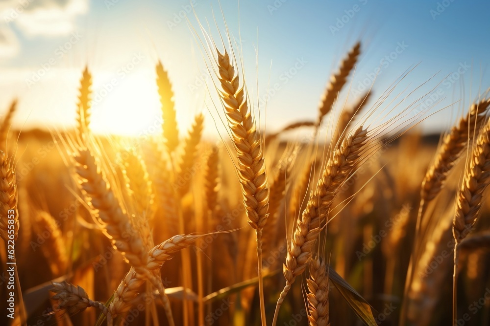 Golden Harvest Wheat Ear in Sunlit Farmland Fields. Generative AI