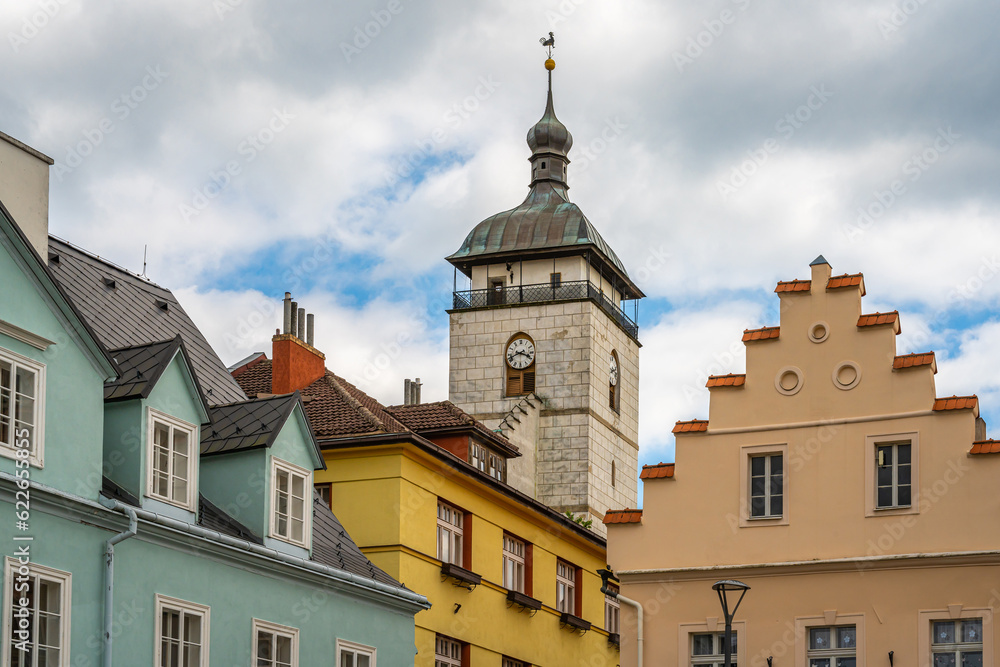 View of church tower and historical town centre of Ceska Kamenice, a popular tourist destination in Czech Republic
