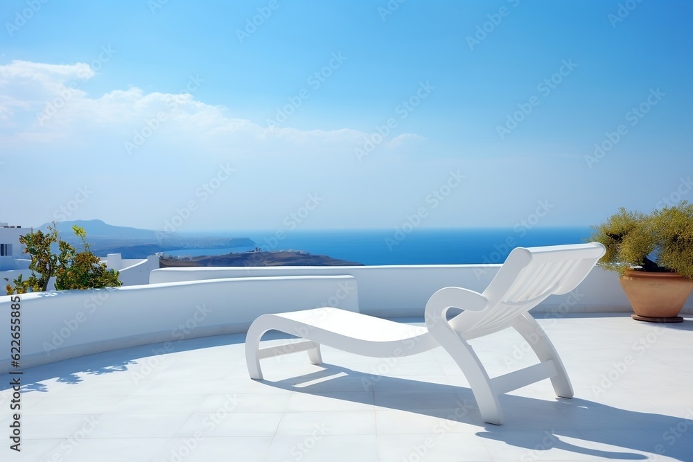 Relaxing Serenity White Deck Chair on Terrace with Stunning Sea View, Generative AI