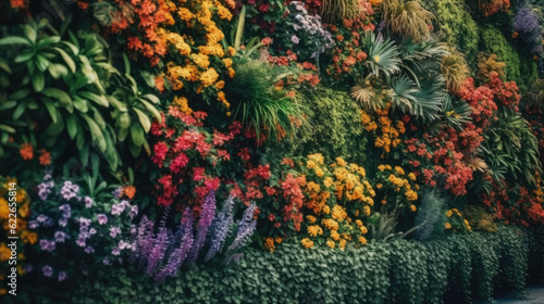 A wall full of vegetation with colorful flowers