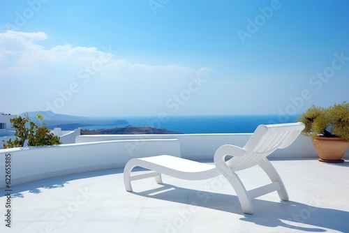 Relaxing Serenity White Deck Chair on Terrace with Stunning Sea View, Generative AI © Umar