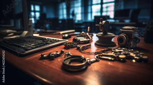 Silver handcuff on the desk in the police station