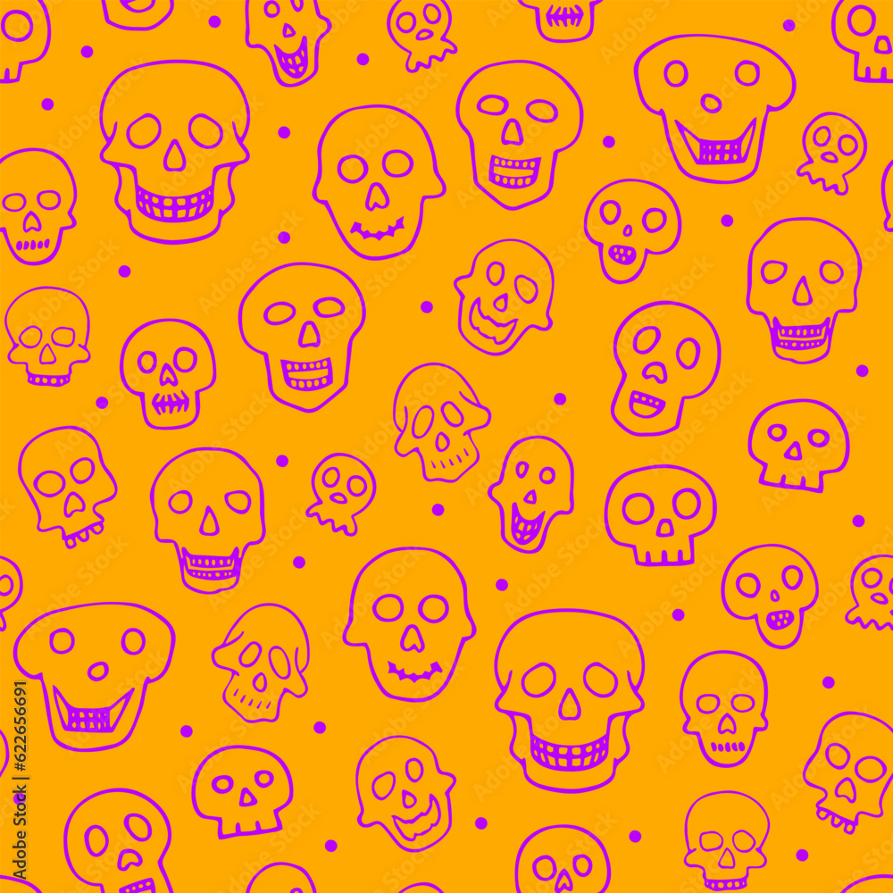 Doodle Halloween sculls seamless pattern. Violet Skeleton on orange background. Hand-drawn scary cranium. Mystical sketch character. Vector illustration for spooky autumn holiday, The day of the Dead Doodle Halloween sculls seamless pattern. Violet Skeleton on orange background. Hand-drawn scary cranium. Mystical sketch character. Vector illustration for spooky autumn holiday, The day of the Dead