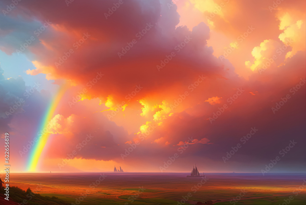 Obraz premium Vibrant rainbow after the rain. Ai generated technology