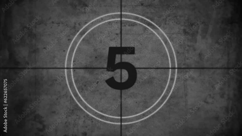 Realistic vintage old movie SMPTE universal countdown film leader intro animation with film shake and dust and scratches.