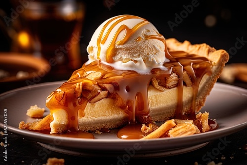 apple pie with cream on the top, wooden table, studio light, kitchen in the background